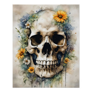 Waterverf schedel met wilde bloemen perfect poster