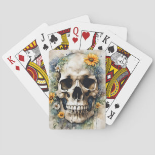 Waterverf schedel met wilde bloemen pokerkaarten