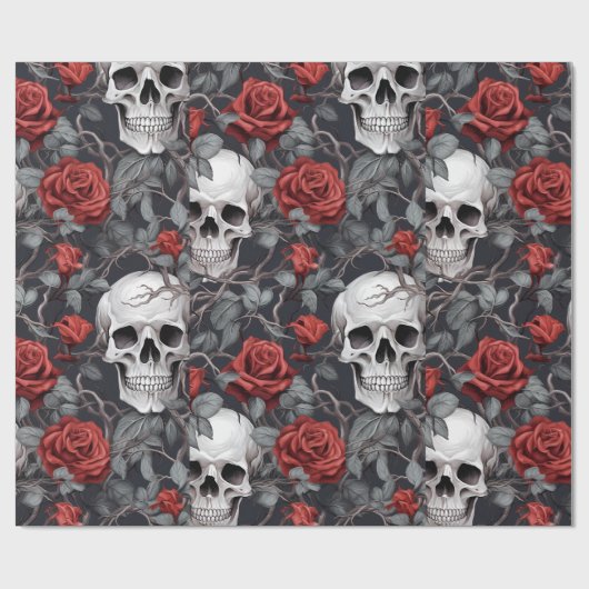 Waterverf Schedels en Rozen Rood Grijs Cadeaupapier (Vlak)