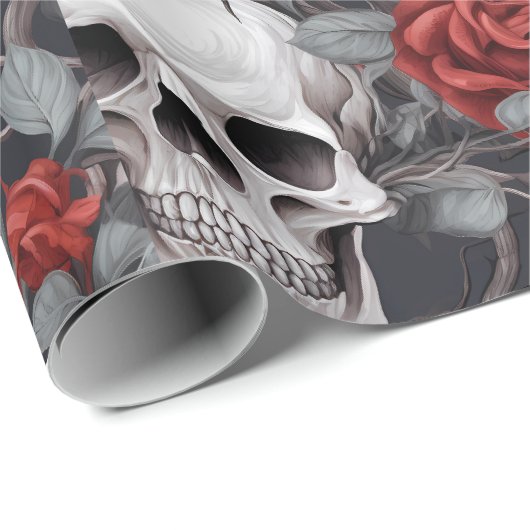 Waterverf Schedels en Rozen Rood Grijs Cadeaupapier (Rol Hoek)