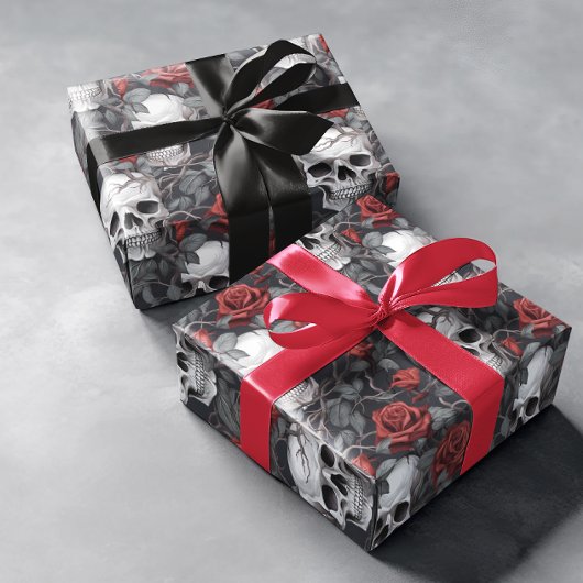 Waterverf Schedels en Rozen Rood Grijs Cadeaupapier
