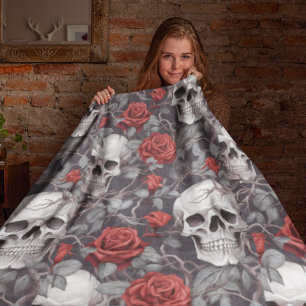 Waterverf Schedels en Rozen Rood Grijs Fleece Deken