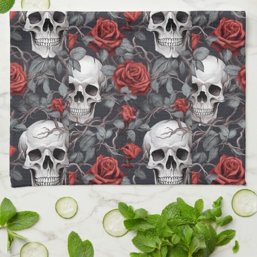 Waterverf Schedels en Rozen Rood Grijs Theedoek (Gevouwen)
