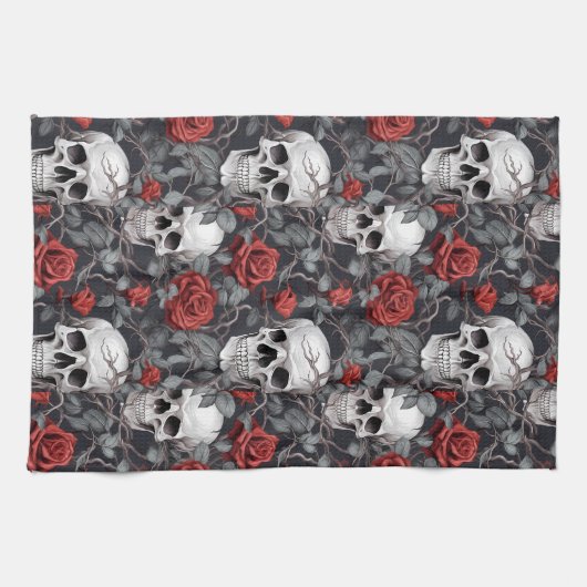 Waterverf Schedels en Rozen Rood Grijs Theedoek (Horizontaal)