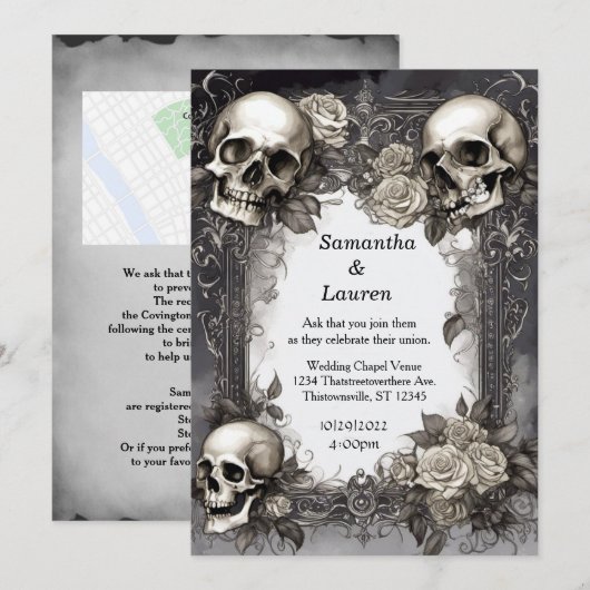 Waterverf schedels ingelijst Gothic bruiloft Kaart (Voorkant / Achterkant)