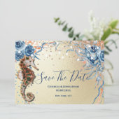 Waterverf schelp eiland oceaan blauw sinaasappel save the date (Staand voorkant)