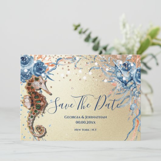 Waterverf schelp eiland oceaan blauw sinaasappel save the date (Staand voorkant)