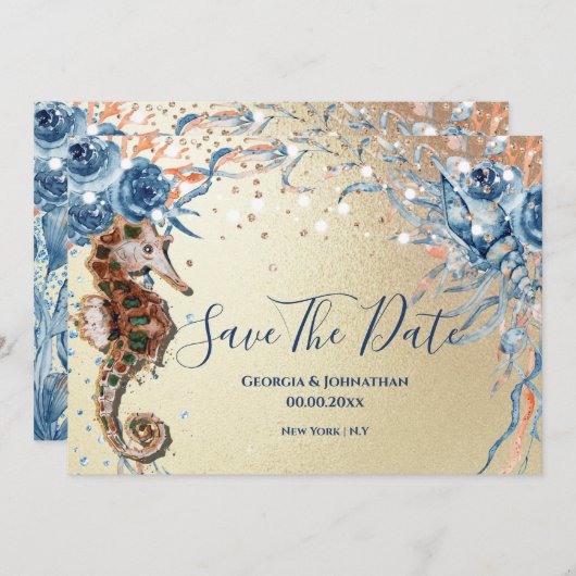 Waterverf schelp eiland oceaan blauw sinaasappel save the date (Voorkant / Achterkant)