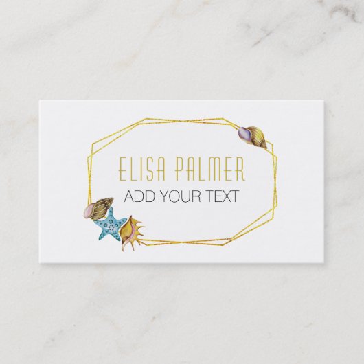 Waterverf schelpen en gouden folie polygoon visitekaartje (Voorkant)