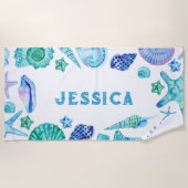 Waterverf schelpen en zeesterren naam zomer strandlaken (Voorkant)