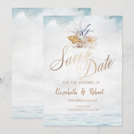 Waterverf Schelpen, Zee Strand Bewaar de Datum Save The Date (Voorkant / Achterkant)