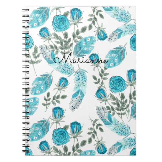 Waterverf schetste blauwe veren bloemen wit notitieboek (Voorkant)