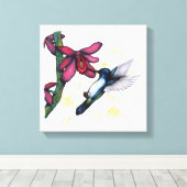 waterverf schilder van kolibrie en orchidee canvas afdruk (Insitu (Houten vloer))