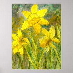 Waterverf schilderen, Gele bloemen Kunst, Daffodil Poster