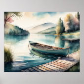 Waterverf Schilderen Kano Lake Dock Mountain 5:4 Poster (Voorkant)