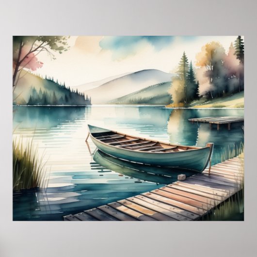 Waterverf Schilderen Kano Lake Dock Mountain 5:4 Poster (Voorkant)