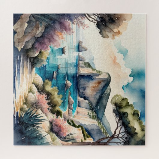 Waterverf Schilderen Mediterraans kustlandschap Legpuzzel (Horizontaal)