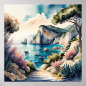 Waterverf Schilderen Mediterraans kustlandschap Poster (Voorkant)