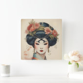 Waterverf Schilderen Mooie Aziatische Bloemen Vierkante Klok (Huis)