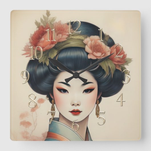 Waterverf Schilderen Mooie Aziatische Bloemen Vierkante Klok (Voorkant)