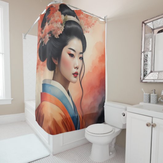 Waterverf Schilderen Mooie Aziatische Vrouw Bloeme Douchegordijn (In situ)