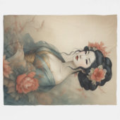 Waterverf Schilderen Mooie Aziatische Vrouw Bloeme Fleece Deken (Voorkant (Horizontaal))