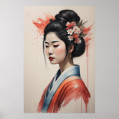 Waterverf Schilderen Mooie Aziatische Vrouw Bloeme Poster (Voorkant)