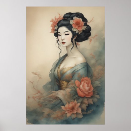 Waterverf Schilderen Mooie Aziatische Vrouw Bloeme Poster (Voorkant)