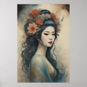Waterverf Schilderen Mooie Aziatische Vrouw Bloeme Poster (Voorkant)