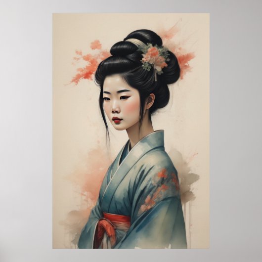 Waterverf Schilderen Mooie Aziatische Vrouw Bloeme Poster (Voorkant)