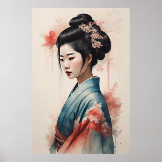 Waterverf Schilderen Mooie Aziatische Vrouw Bloeme Poster (Voorkant)