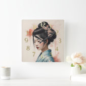 Waterverf Schilderen Mooie Aziatische Vrouw Bloeme Vierkante Klok (Huis)