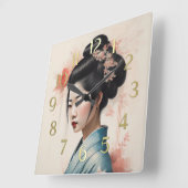 Waterverf Schilderen Mooie Aziatische Vrouw Bloeme Vierkante Klok (Hoek)