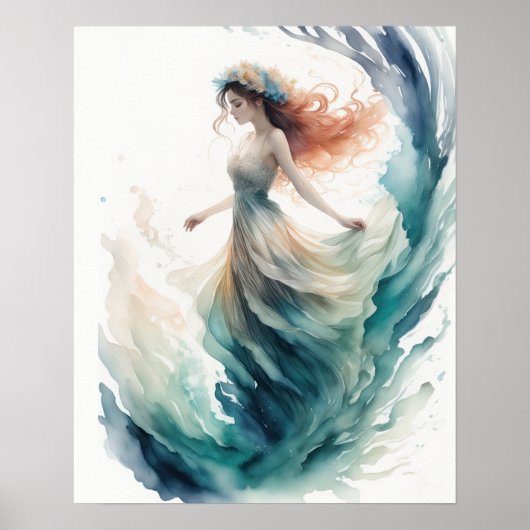 Waterverf Schilderen Mooie Vrouw Water Nymph II Poster (Voorkant)