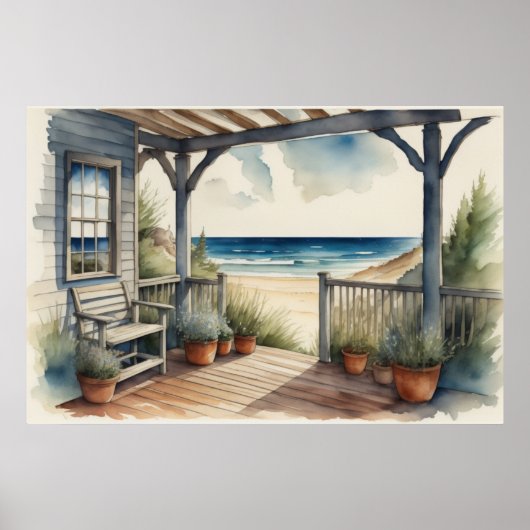 Waterverf Schilderen Ocean Uitzicht Front Porch Poster (Voorkant)