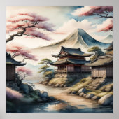 Waterverf Schilderen Oude Japans Dorp 1:1 Poster (Voorkant)