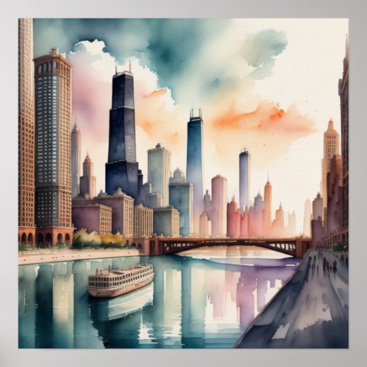 Waterverf Schilderen Urban City River Scène 1:1 Poster (Voorkant)