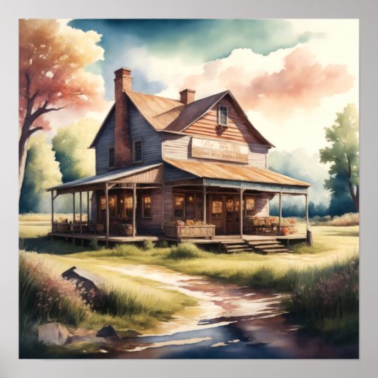 Waterverf Schilderen van Antiek Country Store Poster (Voorkant)