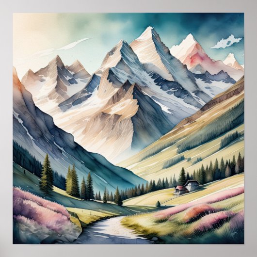 Waterverf Schilderen van Berglandschap Poster (Voorkant)