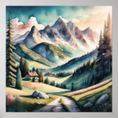 Waterverf Schilderen van Berglandschap Poster (Voorkant)