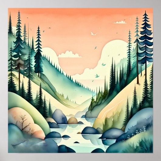 Waterverf Schilderen van Berglandschap Poster (Voorkant)