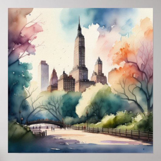 Waterverf Schilderen van een Park in de stad Poster (Voorkant)