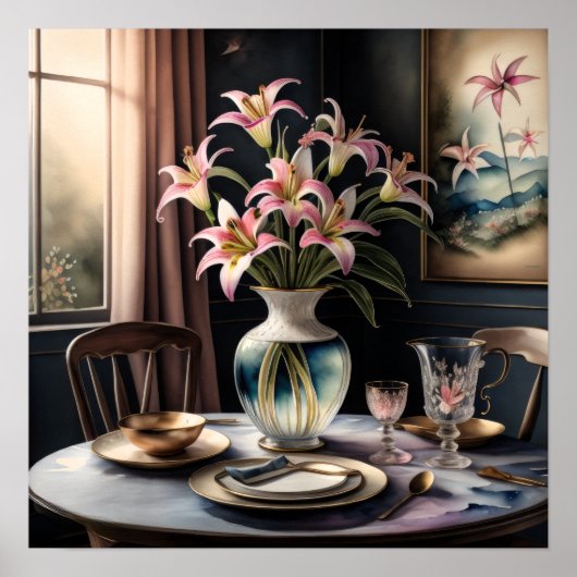 Waterverf Schilderen van Formele Tafelcape Lillies Poster (Voorkant)