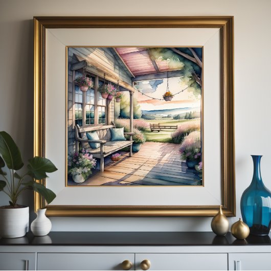 Waterverf Schilderen van Gezellige Landveranda Poster