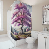 Waterverf Schilderen van Grote Paarse Bladboom Douchegordijn (In situ)