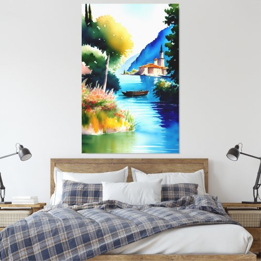 Waterverf schilderen van het meer van Garda (Lago Canvas Afdruk (Insitu (Slaapkamer))