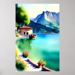 Waterverf schilderen van het meer van Garda (Lago  Poster