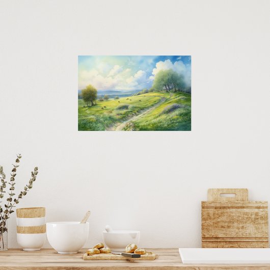 Waterverf schilderen van heuvelpaden poster (Keuken)