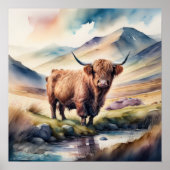 Waterverf Schilderen van Highland Koe 1:1 Poster (Voorkant)