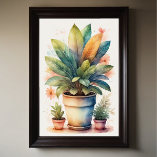 Waterverf Schilderen van Huis Plant in Pot II Poster